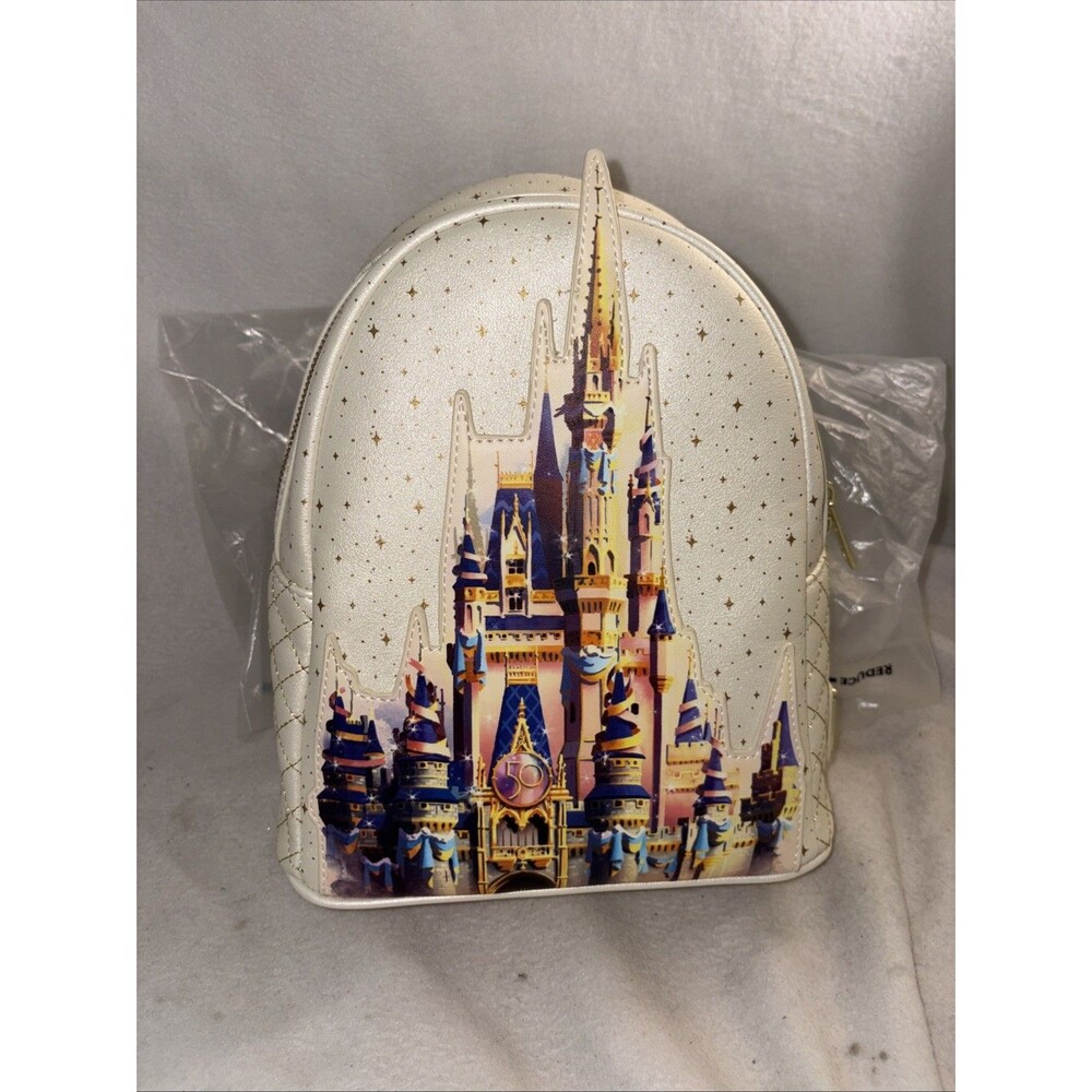 New Disney loungefly mini back pack bag 2021 50th Anniversary Magic Castle Gold